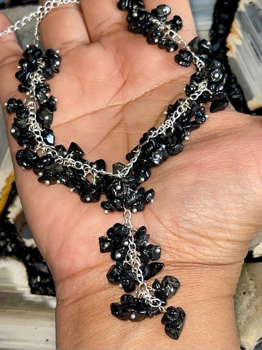 Natural Black Onyx Y-shaped Cluster Necklace